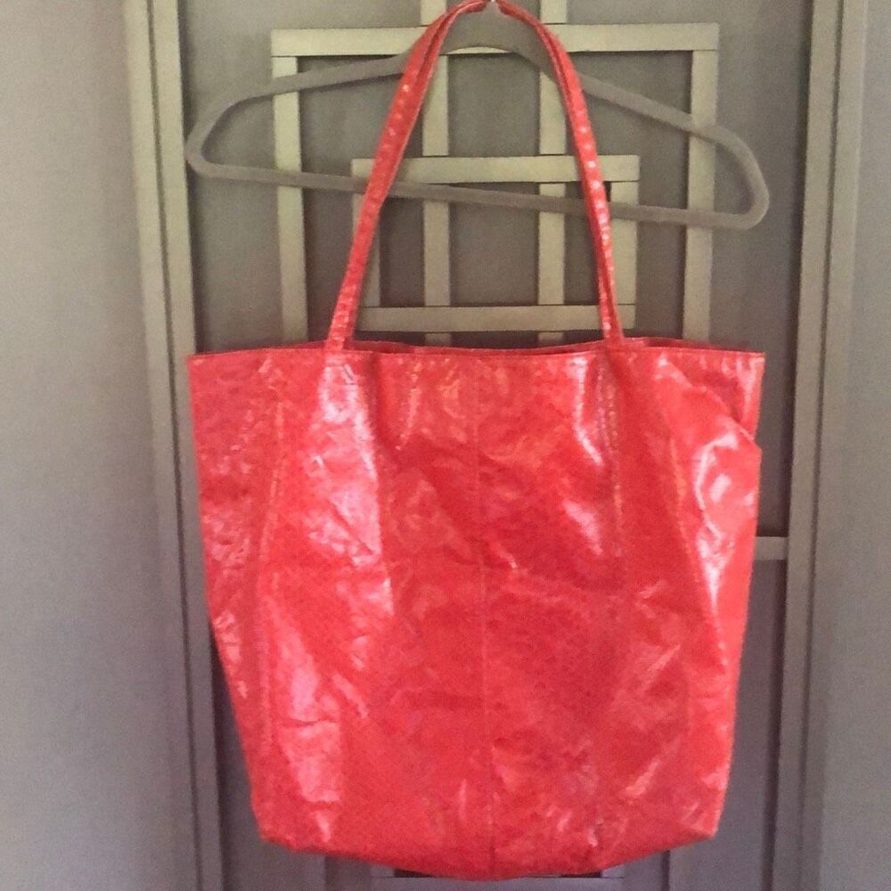 Saks Fifth Ave Red faux snakeskin tote bag